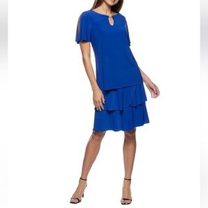 Marina Short Split Sleeve Keyhole Neck Ruffle Tiered Dress Blue  Med New W/Tags